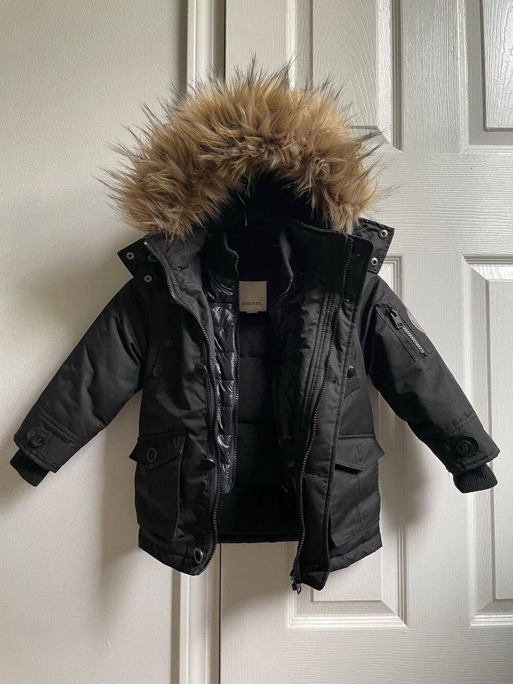Diesel Boys Parka Jacket Black Faux Fur Trim Size 3T Heavy Winter Hood Pockets